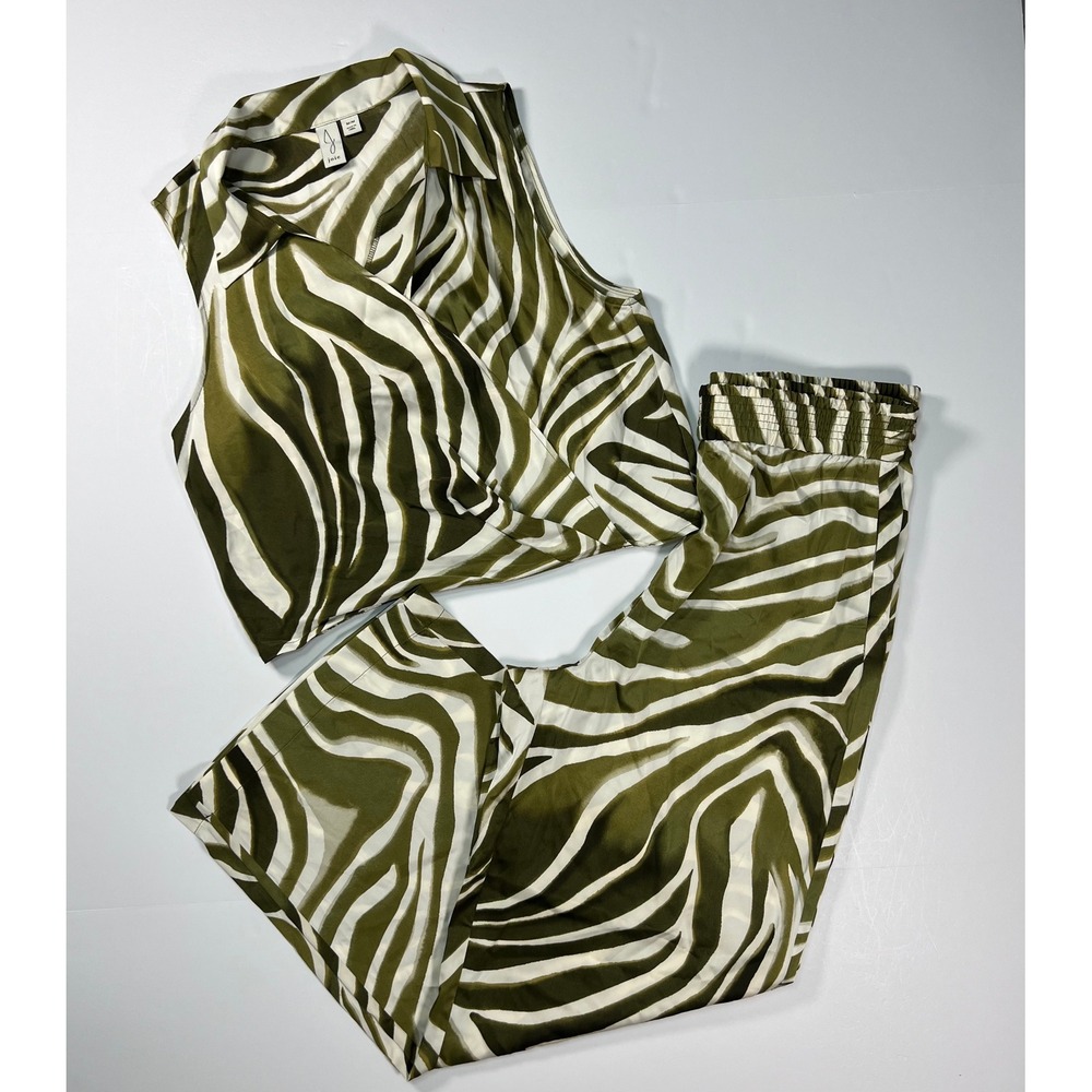Joie 2 Piece Set Womens Medium Green Zebra Print Wrap Top Wide Leg Pants